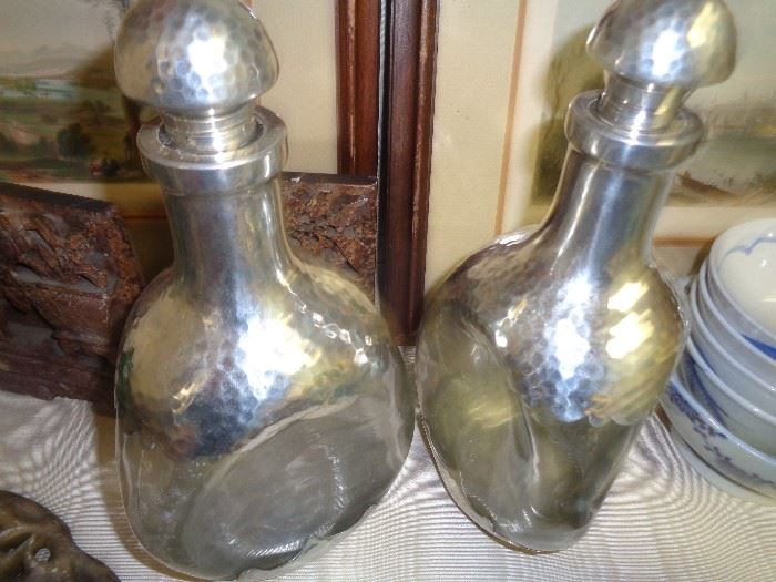 CLOSE UP VIEW OF RARE PEWTER SIGNED DECANTORS