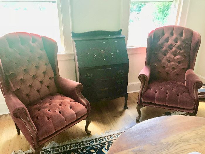Pair of Wing Chairs and Antique Desk