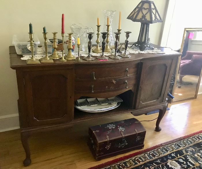 Antique Sideboard / Candlesticks  / Antique Lamp