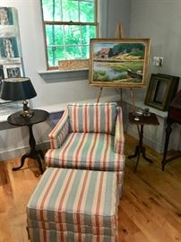 Chair and Ottoman / Candlestands / Signed Artwork  / Antique Frames