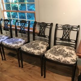 Set of 4 Black Toile Seat Asian / Chinese Style Chairs