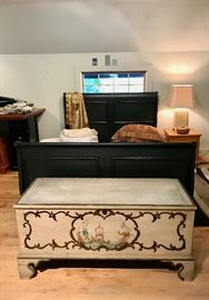 Queen Bed/ Bedding / Painted Trunk