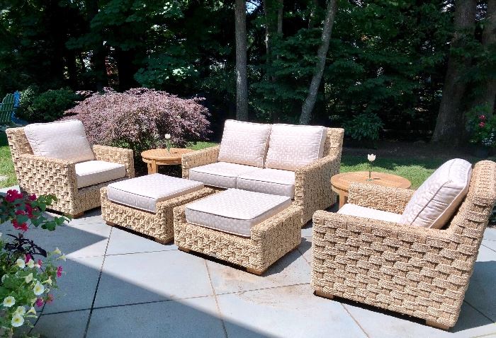 Kingsley Bate St. Barts: Features 2-seat settee with woven rope base and thick, comfortable cushions wrapped by weather-resistant Sunbrella fabric.