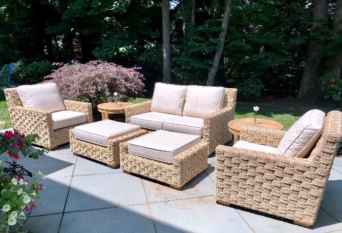 Kingsley Bate St. Barts: Features 2-seat settee with  woven rope base and thick, comfortable cushions wrapped by weather-resistant Sunbrella fabric. 