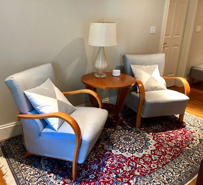 Casual, custom upholstered armchairs, - look how well this Oriental rug matches this fabric!