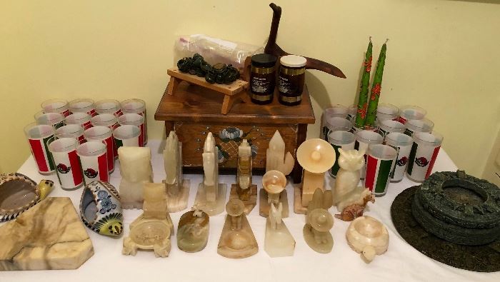 Carved stone items. Enameled glassware tumblers.