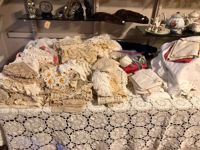 Hand made lace and linen items, tablecloths, doilies and more.