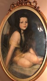 Pastel of girl in oval frame.