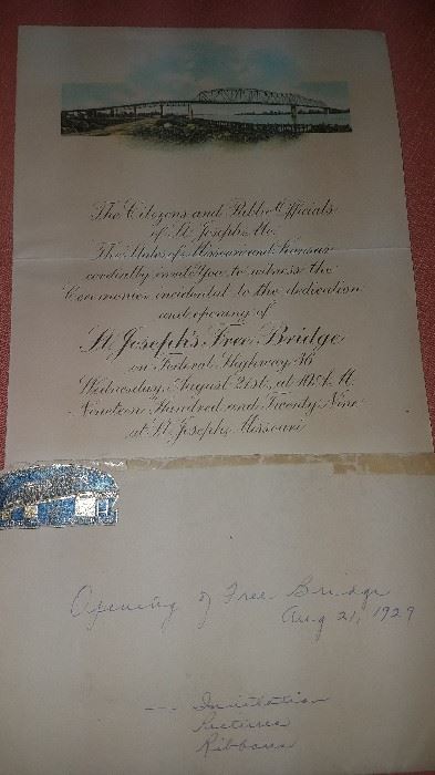1/2 OFF!! SUNDAY ALL REMAINING ITEMS!!                Large 2 Day 8 Family/Estate Sale. All New Items!! The warehouse is full again!! Much St. Joseph collectibles, 1929 "Invitation to Opening Free Highway 36 Bridge". Very rare piece of St. Joseph history