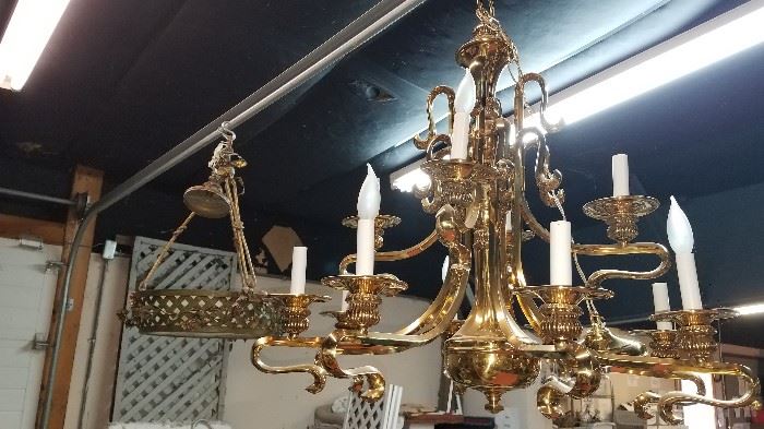 Large selection of light fixtures and lamps. Large solid brass chandelier from Lovers Lane home St. Joseph, MO