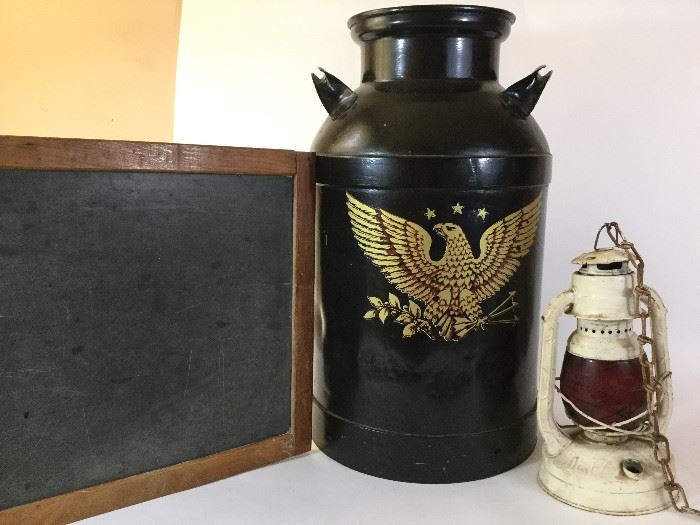 Vintage Americana Milk Jug, Chalkboard, & Oil Lantern     http://www.ctonlineauctions.com/detail.asp?id=738881