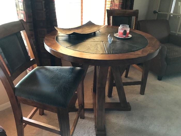 HIGH TOP TABLE WITH SLATE TOP AND 2 CHAIRS