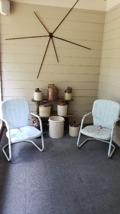 Mcm metal chairs, pottery, and an antique drying rack