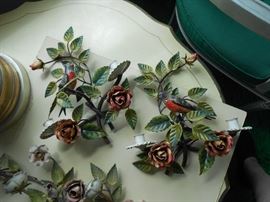 {2} Metal wall sconces accented by birds and roses
