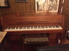 Mid century Modern teak wood piano Vintage Baldwin upright on brass capped angled legs/caning