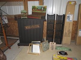 rolling bar, signs, seed box, hunting ladder, crate shelves