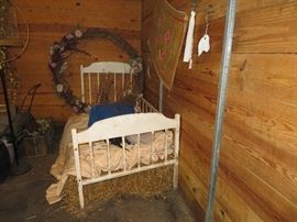 vintage wood child's bed frame, large wreath