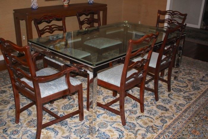 Contemporary Glass and Chrome Dining Table, Mahogany Chairs and Breakfront.