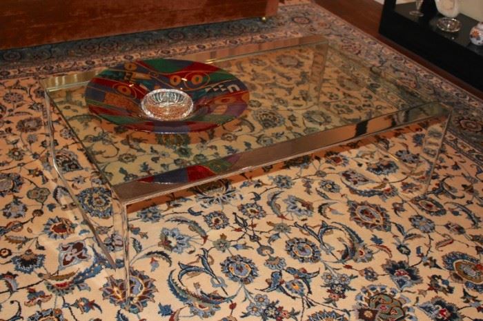 Handmade Persian Rug with Metal and Glass coffee Table and Decorative Bowl