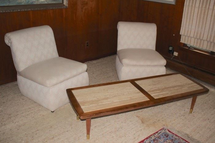 Pair of Chairs and Wood  Coffee Table