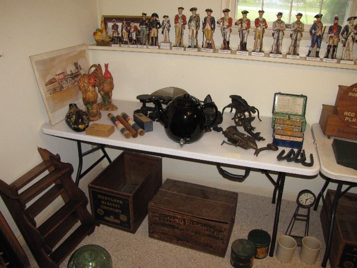 Vintage wood crates, fish floats, ceramic figurines .