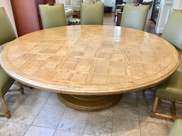 Guy Chaddock Dining Table.  Custom 84" round parquet top.  Belgian oak.  Country English Pedestal.