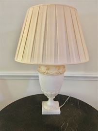 Vaughan Alabaster Urn with swags and 19" pleated Pembroke Cream Silk Box Pleated Shade.  