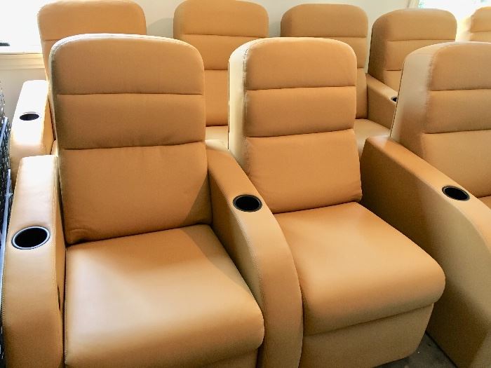 "Leather touch" stadium seating for 15 manufactured by Fortress.  Model 900 FAB. Configured singly(1)  and in sets of 2 or 3 chairs.  (3 rows of 5 seats per row, with six arms) Made in USA.  Seat depth upright 38".  Extended 67".