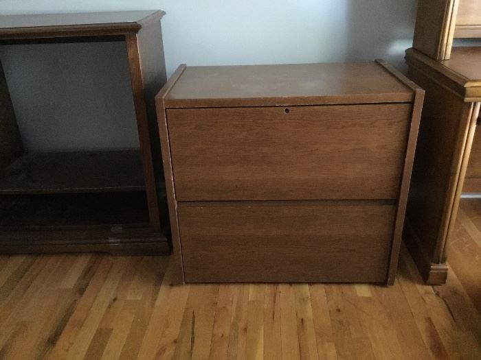 Full set of wood office furniture—desk, credenza and 2-drawer lateral file. 