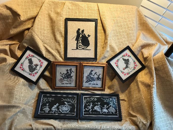 Antique samplers, crewel and cross stitch.  Most professionally framed