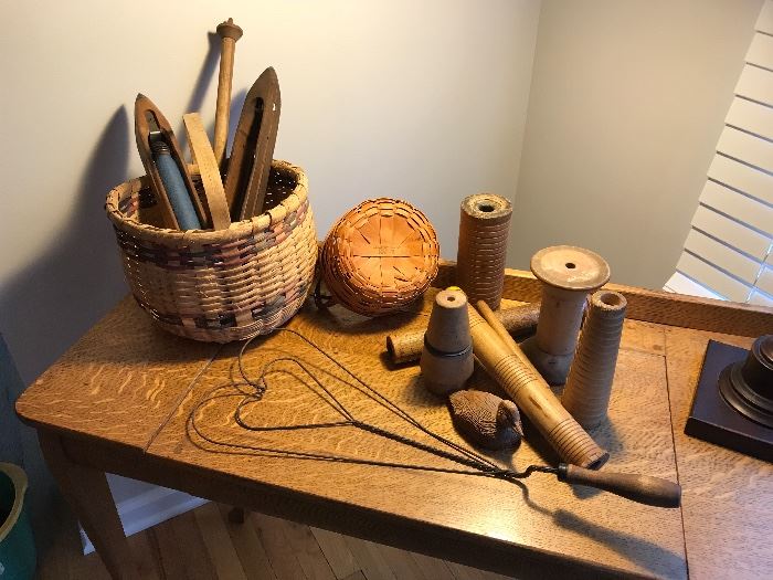 Longaberger basket, unusual spools and bobbins