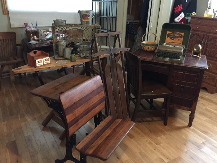 Adjustable old school desk, vintage sled & ironing board, desk & chair