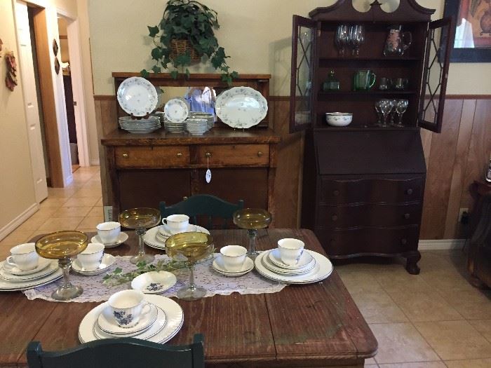 Oak buffet w/mirror, primitive table w/Wedgwood china, drop front china display