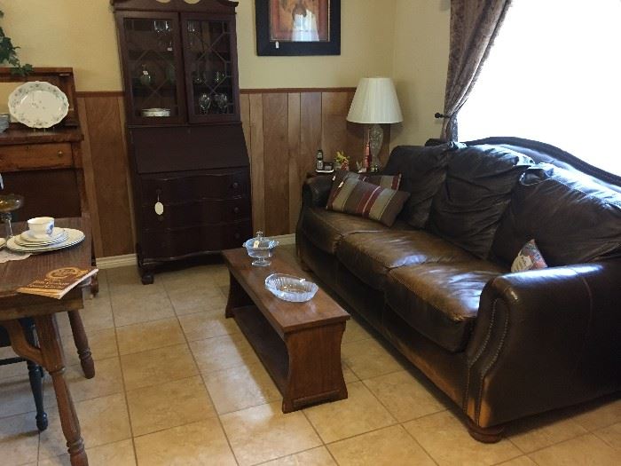 Leather couch, drop-front secretary, coffee table/bench - secretary SOLD