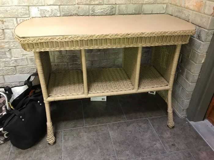 #10	vintage Wicker Sofa Table w/shelves   42x18x29.5	 $175.00 
