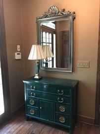 #45	Henredon Entry Cabinet Green Marble Look 4 drawers & Door 16x38x32	 $200.00                              
#46	Green Marbled Lamp w/brass edging  29" tall	 $75.00 #47	Beveled Mirror w/shell on top 29x48	$100 