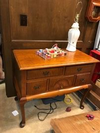 #80	burled wood end table with queen anne legs and 5 drawers 36x20x30	 $200.00 
