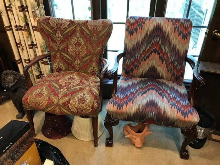 #81	wood queen anne leg side chair w/ flam stitch fabric 	 $75.00 
#82	wood side chair w rust green gold end chair 	 $75.00 
