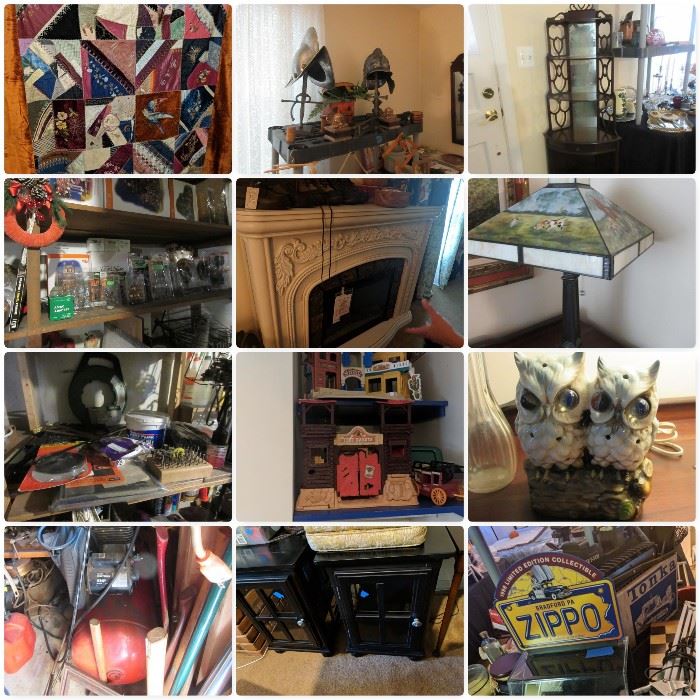 Crazy Quilt, Helmets, Knick Knack Shelf, Fireplace, Tools, Marble-Eyed Owl, Compressor, Modern Furniture, Halloween Decor