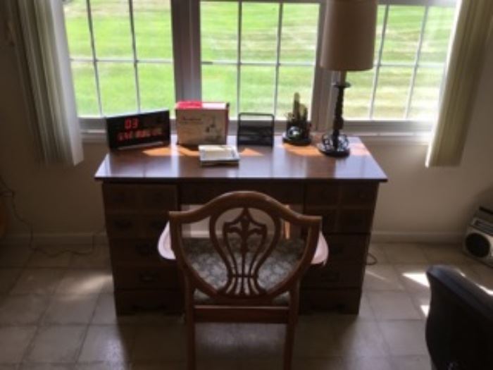 WOOD DESK WITH CHAIR AND MANY OFFICE ITEMS