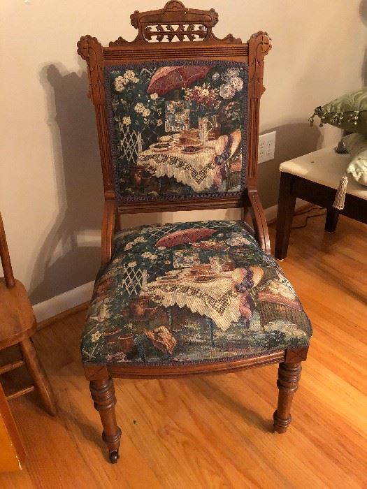 Unique wood and upholstered side chair