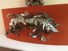 metal bull sculpture, 3-4 ft long