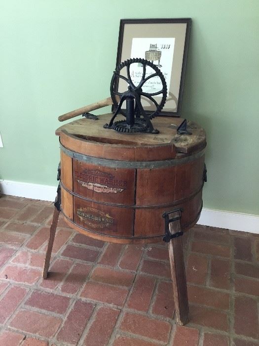 Antique Washing Machine & Framed Cross Stitch     https://ctbids.com/#!/description/share/32342