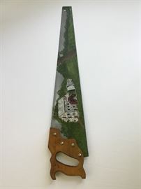Wooden Handled Saw with Hand Painted Mill Scene    https://ctbids.com/#!/description/share/32455
