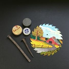 Vintage Small Tins, Antique Nails, Painted Saw Blade       https://ctbids.com/#!/description/share/32446