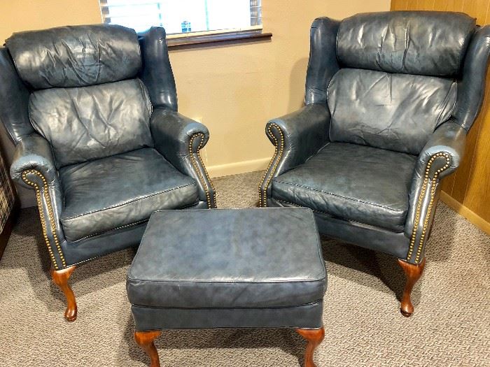 2 LEATHER CHAIRS WITH OTTOMAN (SLATE BLUE IN COLOR)
