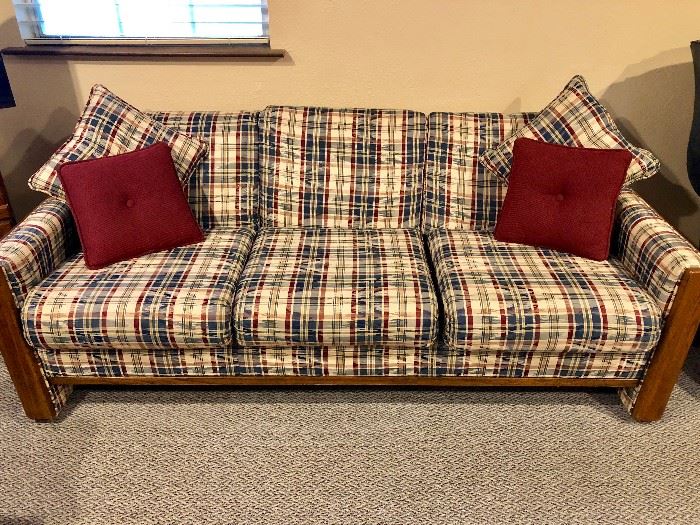 3 CUSHION SOFA WITH 4 DECORATIVE PILLOWS (NAVY BLUE / RED / BEIGE IN A PLAID PATTERN)