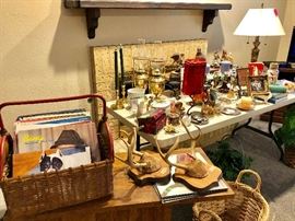 VINTAGE RECORD ALBUMS, DEER HEAD TROPHY WALL DECOR, LAMPS, HURRICANE LANTERNS, BASKETS
