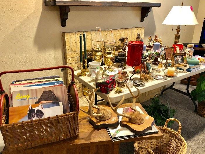 VINTAGE RECORD ALBUMS, DEER HEAD TROPHY WALL DECOR, LAMPS, HURRICANE LANTERNS, BASKETS