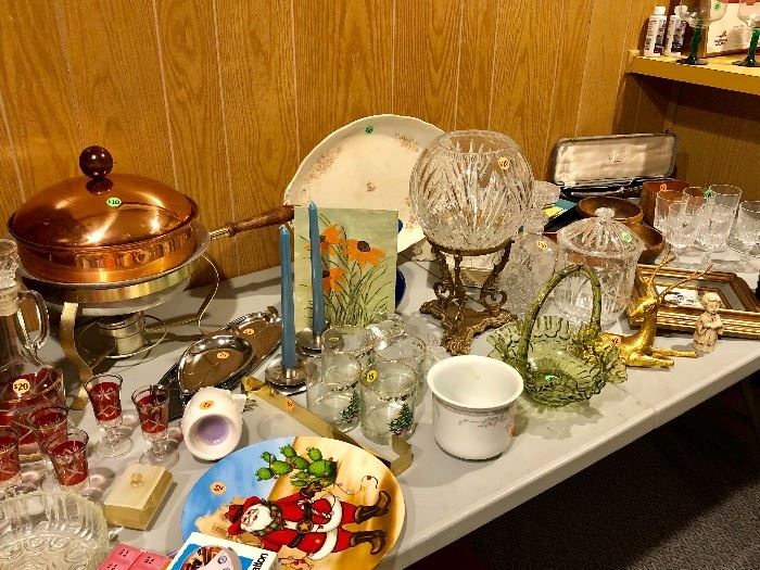 COPPER FONDUE SET, VINTAGE BRANDY DECANTER SET, HOLIDAY PLATTERS, GLASSES, DECORATIVE CRYSTAL BOWLS, JARS, GLASSWARE, DEPRESSION GLASS